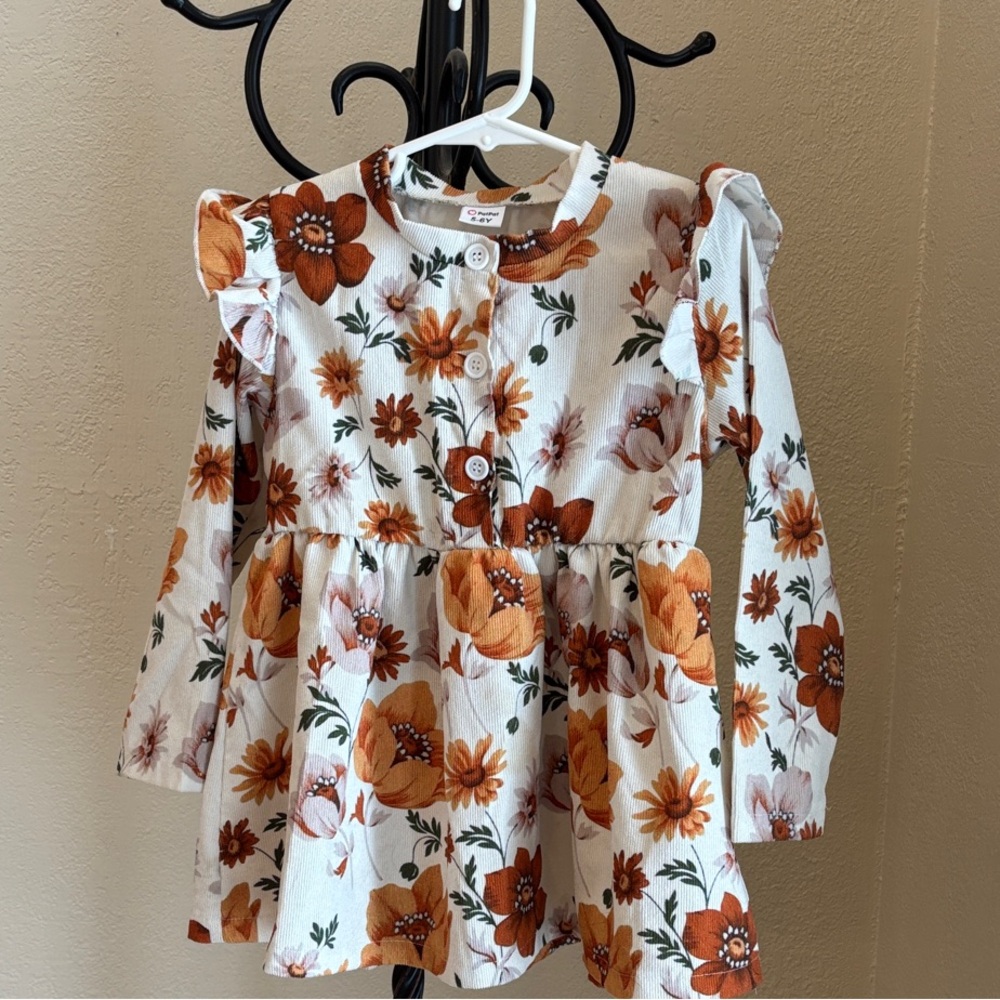 PatPat. Orange Floral Kids Blouse‎ with Ruffles~Sz 5-6Y